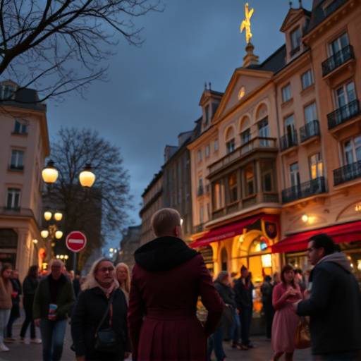 Léa Marchand en pleine représentation de théâtre de rue à Montmartre, entourée de spectateurs.
