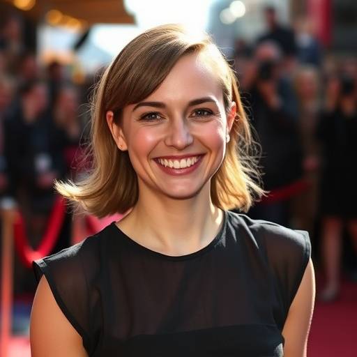 Léa Marchand souriant sur le tapis rouge lors de la première de son dernier film à Paris.