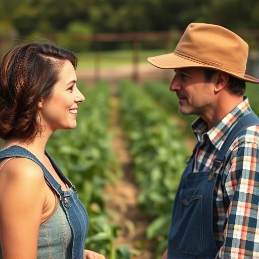 Marion Cotillard visitant une ferme biologique et discutant avec un agriculteur local