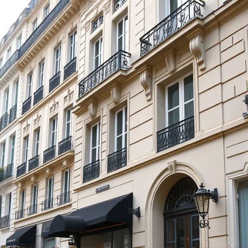 Photo de la fa√§ade d'un immeuble typique du Faubourg Saint-Honor√© √† Paris, o√π se trouvent les bureaux d'√âtoiles Filantes.